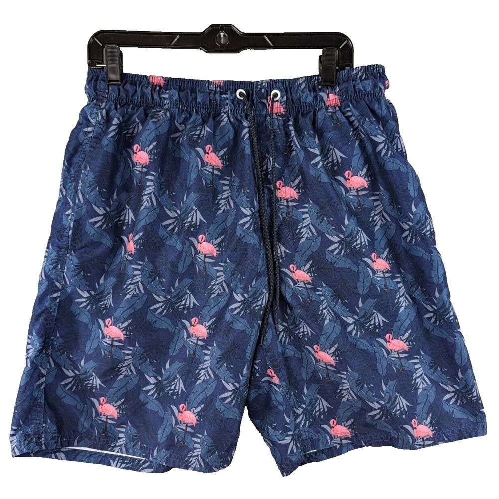 Beverly Hills Polo Club Navy Pink‎ Flamingo Swim Trunks Short Drawstring Men's L